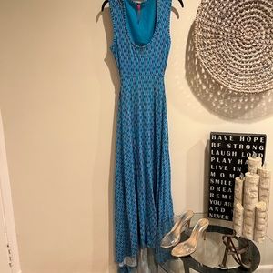 Tracy Reese Blue patterned hi low maxi dress, open back, Medium